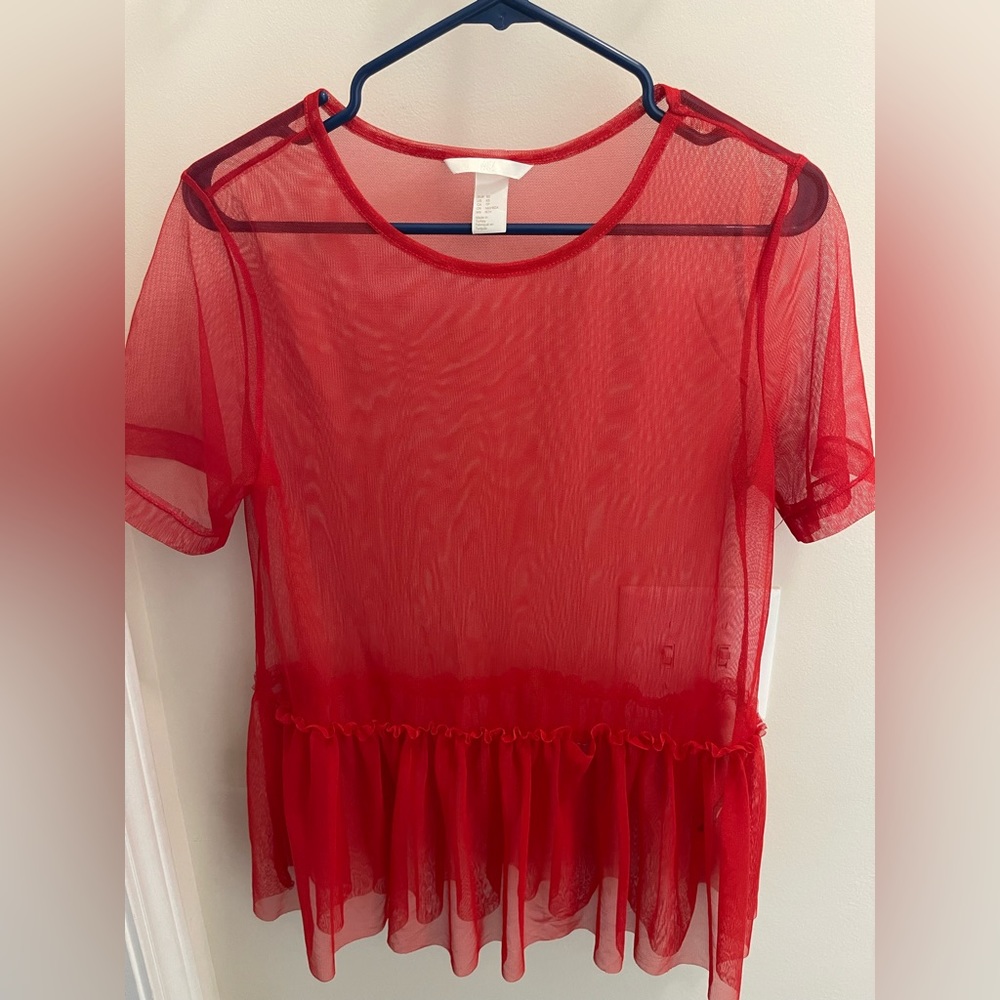 Red Sheer Mesh Ruffle-Hem Tee